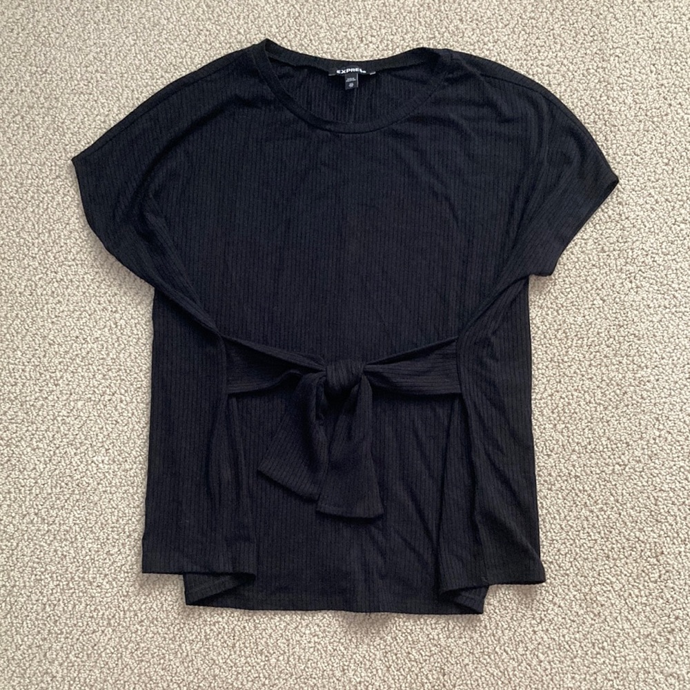 Express Ribbed Black Wrap Tie Top Blouse Short Sleeve Shirt Work Attire Size XS